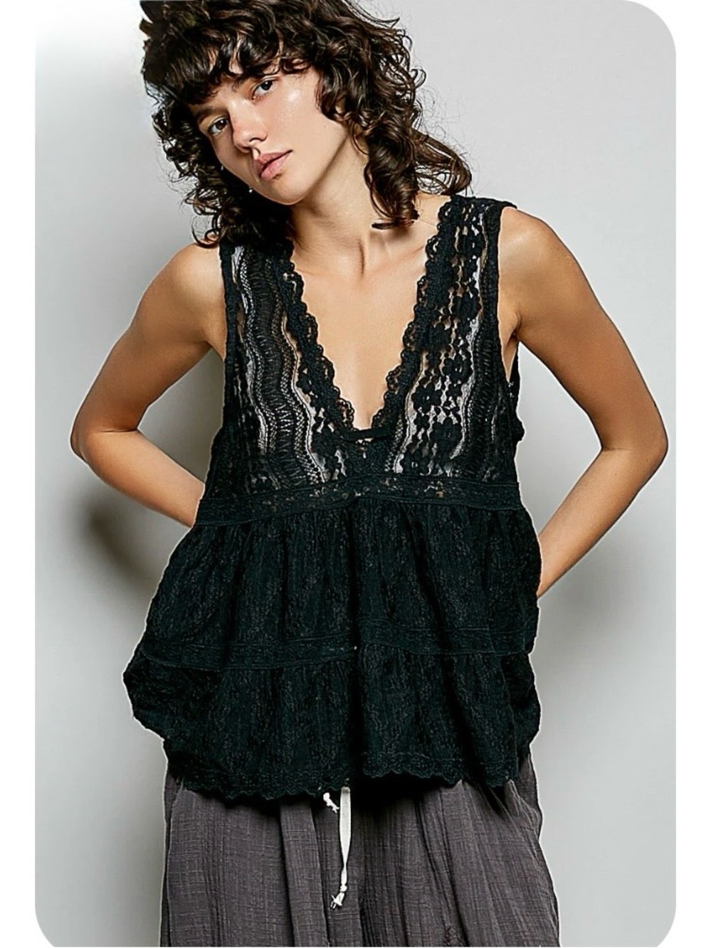 New: POL Black Boho Deep V-Neck Scalloped Lace Sleeveless Top• Medium